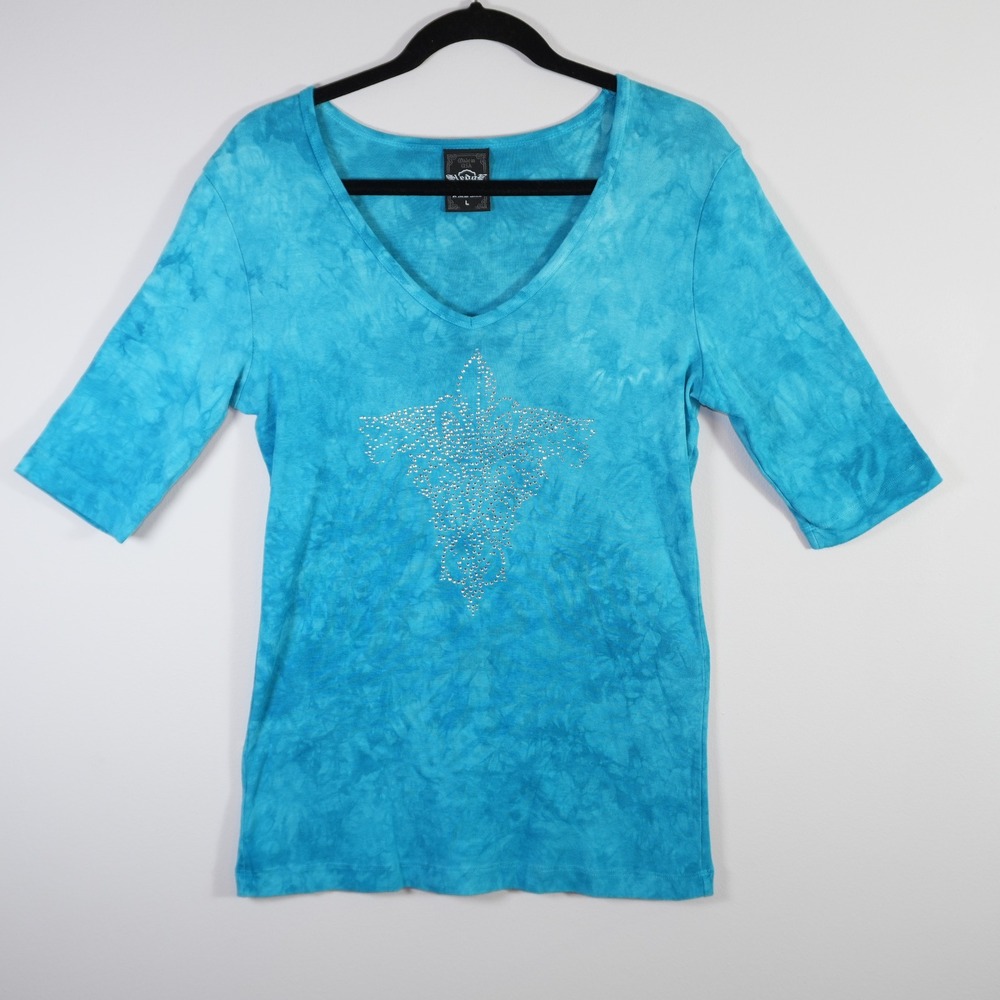 Sledge USA Tie Dye Rhinestone Tee Cotton Top Blue Festival Lorelai Y2K 2000s L